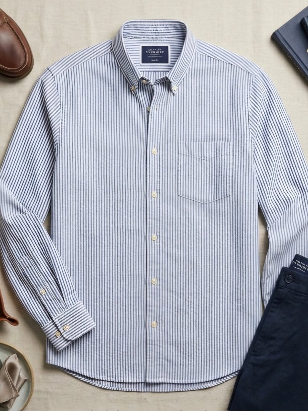 Charles Tyrwhitt Weekend Classic Fit Cotton Stripe Button-Down Pocket Shirt L